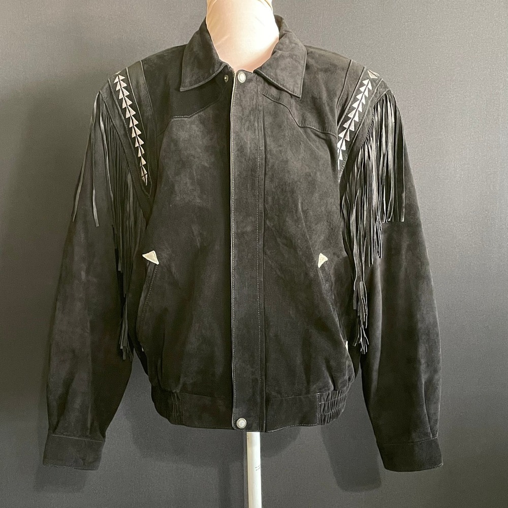 Pioneer Wear Suede Fringe Jacket Mens S Black Good Vintage Western